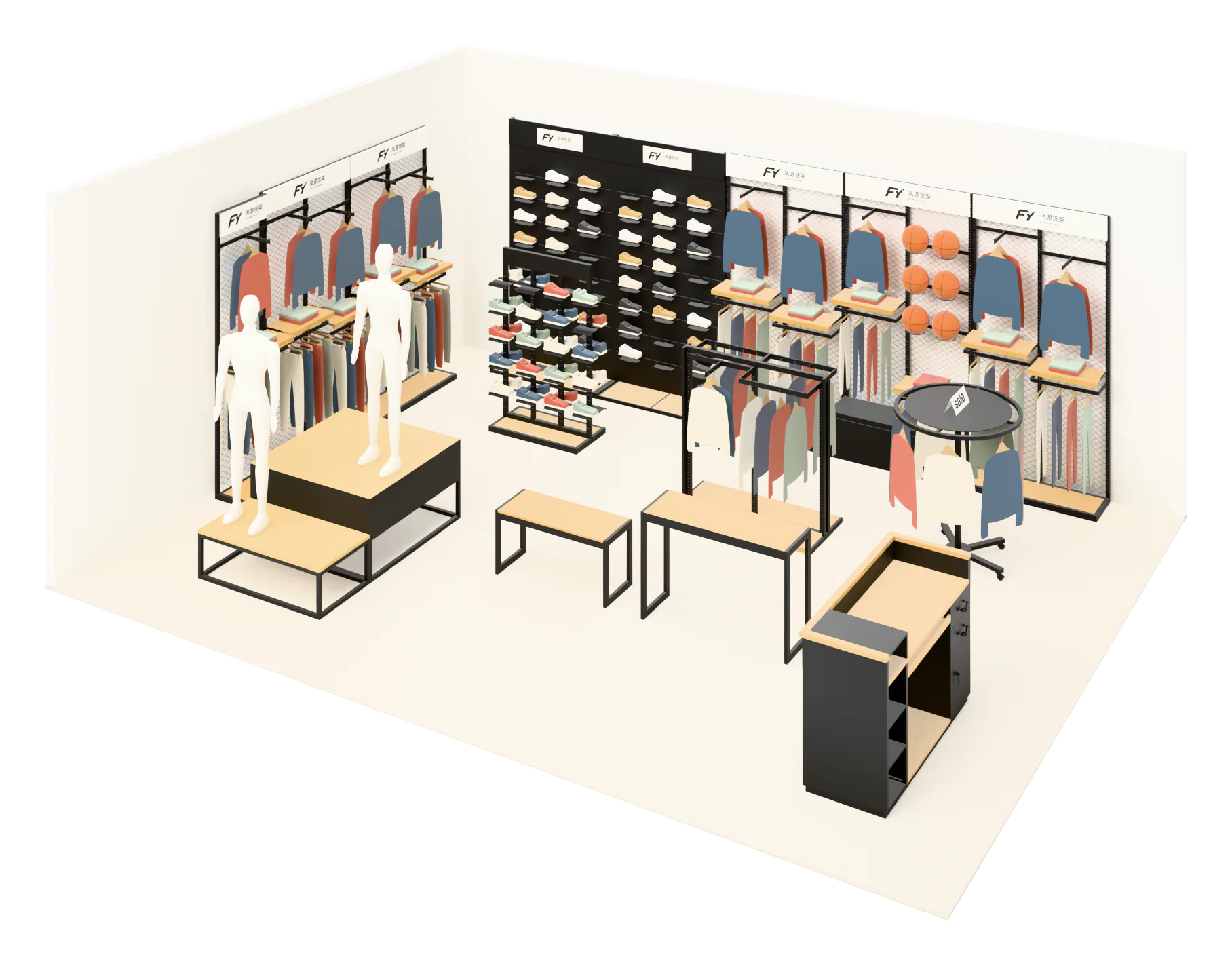 整店设计效果图：鞋墙、服装墙、中岛、陈列台、模特台和收银台