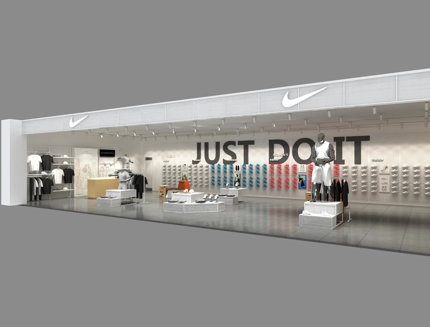 鞋服门店鞋墙和展示台布局设计效果图